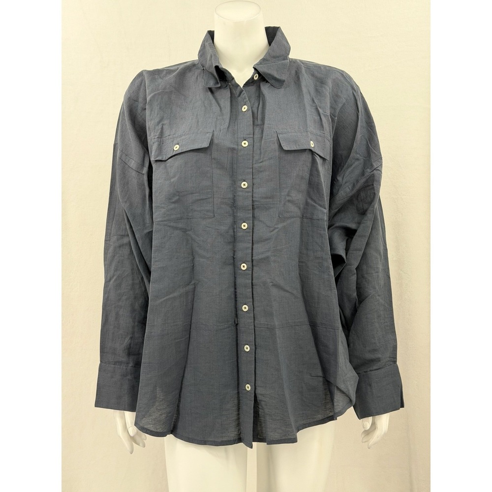 Mirth Top Women Large Blue Handmade Edition Button Up Linen Cotton Beach Capsule